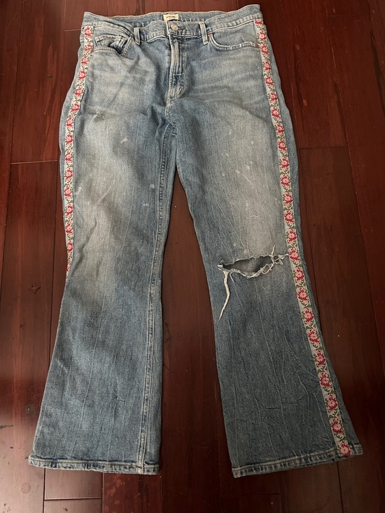 Citizens Of Humanity Denim - Citizens Of Humanity Distressed Denim Cropped Flare Jeans Pink Floral Side Trim